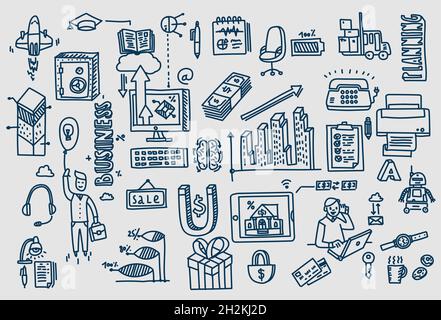 Business Doodles disegnati a mano elementi vettoriali e simboli Illustrazione Vettoriale