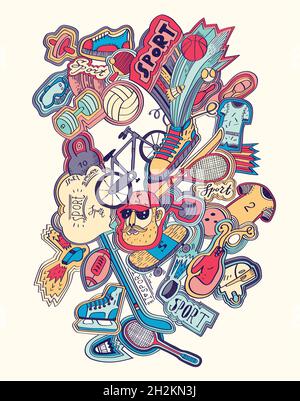 Concetto di sport del doodles disegnato a mano. Attrezzature sportive Illustrazione Vettoriale