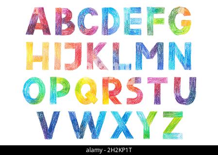 Sans Serif alfabeto Gotico Grotesk disegno in matite a colori. Foto Stock