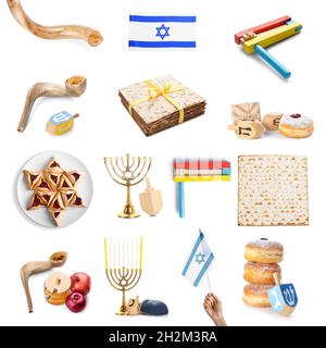 Diversi simboli della religione giudaica su sfondo bianco Foto Stock
