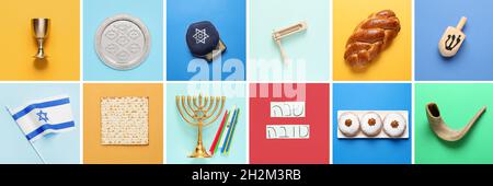 Diversi simboli della religione giudaica su sfondo colorato Foto Stock