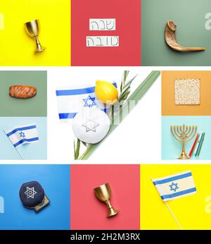 Diversi simboli della religione giudaica su sfondo colorato Foto Stock