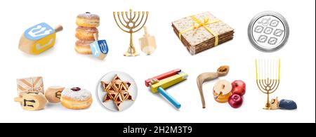 Diversi simboli della religione giudaica su sfondo bianco Foto Stock