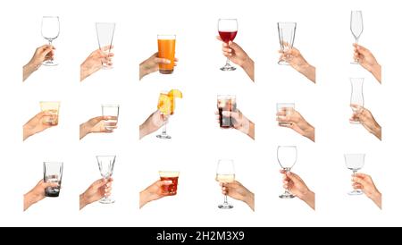 Collezione di mani con diversi bicchieri su sfondo bianco Foto Stock