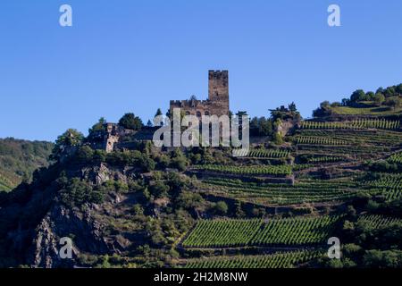 Castello di Gutenfels (Burg Gutenfels) paesaggio panoramico sulla parte centrale superiore del fiume Reno vicino a Kaub, Germania Foto Stock