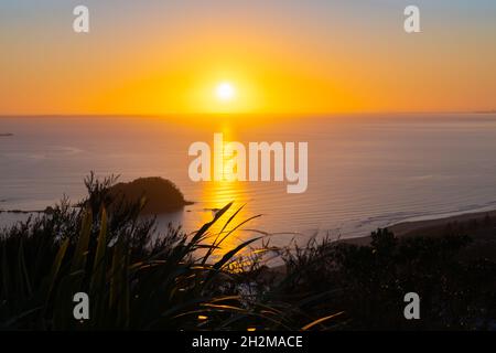 Bagliore d'oro del sole che sorge su un orizzonte lontano con la lunga costa di Bay of Plenty con Leisure Island dalla cima del Monte maunganui. Foto Stock