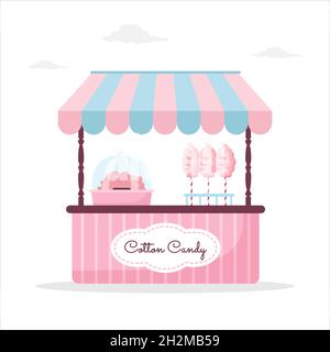 Bancone in cotone rosa con caramelle. Mercato all'aperto con Street food. Illustrazione vettoriale in stile cartoon piatto Illustrazione Vettoriale