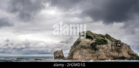 Formazione rocciosa sulla spiaggia di Peacock. Onde di mare che si infrangono sulla pietra in riva al mare in inverno, coste rocciose con acqua bianca che rotola intorno alle rocce. Onde di mare Foto Stock