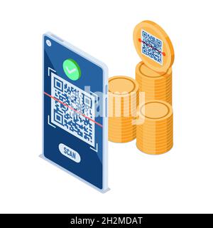 Smartphone Isometrico Flat 3d scansione codice QR per pagamento. Concetto di pagamento del codice QR. Illustrazione Vettoriale