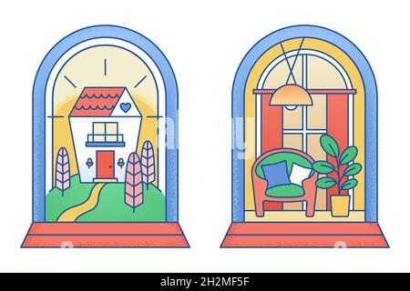 Immobile edificio stand sotto cupola di vetro. Concetto di assicurazione di proprietà in moderno stile appartamento. Metafora di salvaguardia, sicurezza, protezione Illustrazione Vettoriale