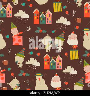 Modello senza giunture con decorazione di Natale e animali Illustrazione Vettoriale