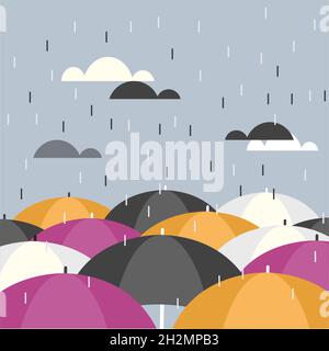 Gocce di pioggia che cadono sulla cima di ombrelloni di molti colori Illustrazione Vettoriale