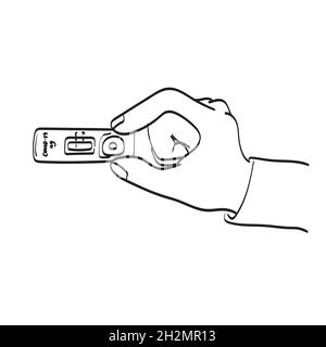 Line ART MAN Holding Rapid Antigen Test Kit vettore di illustrazione isolato su sfondo bianco Illustrazione Vettoriale
