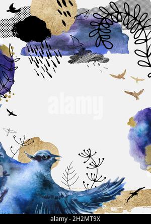 Modello acquerello per testo, cornice con elementi dipinti: Giay blu, uccelli, nuvole, piante. Poster artistico in formato a3. Foto Stock