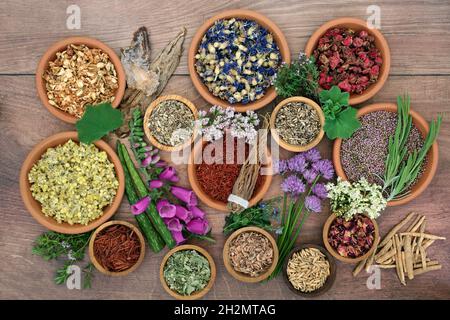 Collezione alternativa di erbe di medicina con erbe e fiori in ciotole e sciolto. Concetto di assistenza sanitaria naturale. Vista dall'alto, appartamento in legno rustico Foto Stock