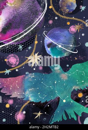 Illustrazione acquerello con uccello cosmico, stelle e pianeti. Poster artistico in formato a3. Composizione di elementi disegnati a mano. Foto Stock