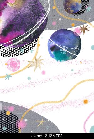 Illustrazione acquerello con spazio, stelle dorate e pianeti. Poster artistico in formato a3. Composizione di elementi disegnati a mano. Foto Stock