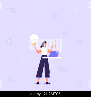 Illustrazione della ragazza che usa il laptop che ha nuove idee sorprendenti e che fa una checklist. Lady disegno di lavoro su minicomputer raccogliere Vecchio obiettivo fare Illustrazione Vettoriale