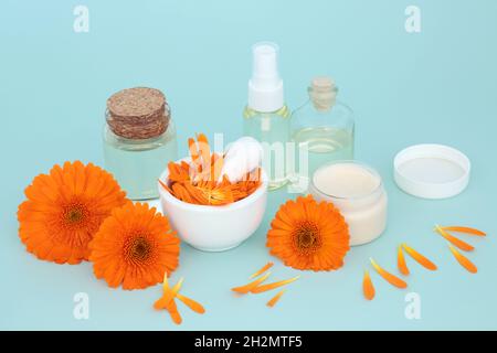 Calendula preparazione naturale per la cura della pelle con fiori, umidificatore, bottiglie d'olio. Guarisce ferite, acne, eczema, stimola il collagene. Foto Stock
