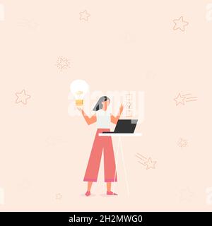 Illustrazione della ragazza che usa il laptop che ha nuove idee sorprendenti e che fa una checklist. Lady disegno di lavoro su minicomputer raccogliere Vecchio obiettivo fare Illustrazione Vettoriale