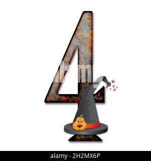 Rendering 3D del numero di Halloween con cappello da mago impreziosito da zucca Foto Stock