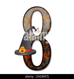 Rendering 3D del numero di Halloween con cappello da mago impreziosito da zucca Foto Stock