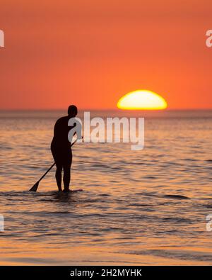 Stand up paddle boarder al tramonto su Croyde Beach - Croyde, Devon, Regno Unito Foto Stock