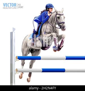 Jockey a cavallo. Cavallo bianco. Campione. Equitazione. Sport equestre. Jockey cavallo salto cavallo. Poster. Illustrazione del vettore isolato. Sport backg Illustrazione Vettoriale