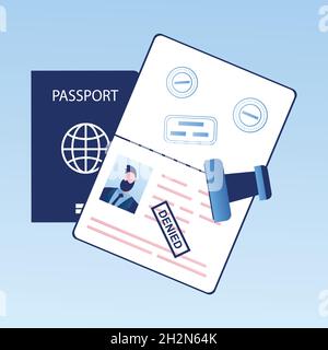 Passaporto aperto con timbro -negato, visto negazione o deportazione, problema con l'immigrazione, illustrazione vettoriale di stile alla moda Illustrazione Vettoriale