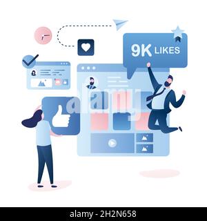 Maschio seguace dà come segno e molto felice donna che salta. Persone personaggi in stile trendy, social netwotk pagina web sullo sfondo, vettore illustratio Illustrazione Vettoriale