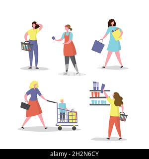 Quattro donne compratore e un venditore, caratteri femminili in varie pose con i sacchetti di shopping e cart.Set di acquirenti signora, isolato su sfondo bianco, tendenza Illustrazione Vettoriale