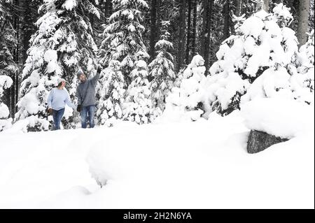Giovane uomo e donna che sciano sulla neve Foto Stock