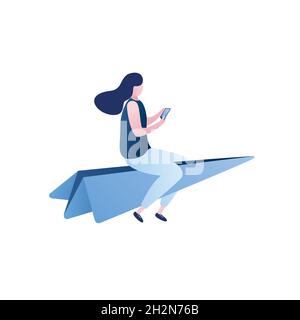 Ragazza carina con smartphone seduto su un aereo di carta, isolato su sfondo bianco, stile alla moda illustrazione vettoriale Illustrazione Vettoriale