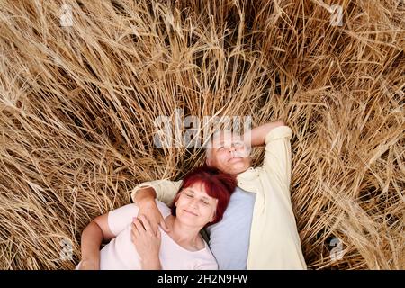 Figlio sorridente con braccio intorno a padre anziano sul campo Foto Stock