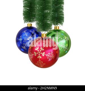 Tre palline di natale rosse, verdi e blu isolate su sfondo bianco. illustrazione 3d. Foto Stock