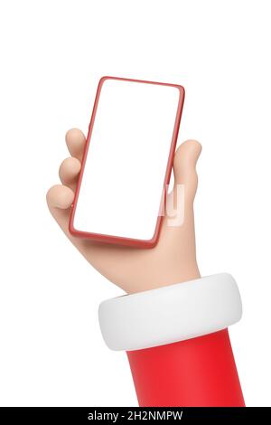 Babbo Natale cartoon mano con un cellulare con schermo vuoto. Concetto di Natale. illustrazione 3d. Foto Stock