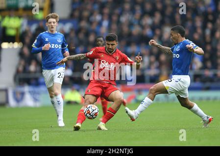 Everton, Regno Unito. 23 ottobre 2021. Ozan Tufan di Watford (c) passa la palla mentre sotto pressione da Allan di Everton. Premier League Match, Everton contro Watford al Goodison Park di Liverpool sabato 23 ottobre 2021. Questa immagine può essere utilizzata solo a scopo editoriale. Solo per uso editoriale, licenza richiesta per uso commerciale. Nessun uso in scommesse, giochi o un singolo club / campionato / giocatori pubblicazioni. pic di Chris Stading/Andrew Orchard sport fotografia/Alamy Live news credito: Andrew Orchard sport fotografia/Alamy Live News Foto Stock