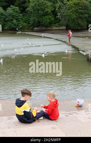 Pesca del granchio granchio a Stoke Gabriel, Totnes, Devon, Inghilterra, Regno Unito. Foto Stock