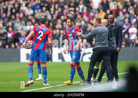 LONDRA, REGNO UNITO. 23 OTTOBRE Una guerra di parole tra Luka Milivojevic di Crystal Palace e Graeme Jones custode manager di Newcastle United durante la partita della Premier League tra Crystal Palace e Newcastle United a Selhurst Park, Londra sabato 23 ottobre 2021. (Credit: Tom West | MI News) Credit: MI News & Sport /Alamy Live News Foto Stock