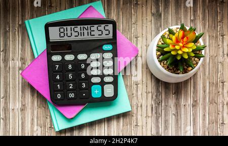 Concetto di business e finanza. Su un tavolo di legno notepads, cactus, calcolatrice con il testo Business Foto Stock