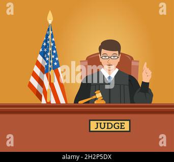 Giudice uomo in aula presso il tribunale con il gavel e la bandiera americana punti dito su pronunciando sentenza. Cartoni giudiziari background. Civile e penale Illustrazione Vettoriale
