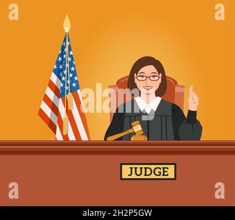 Giudice donna in aula presso il tribunale con il gavel e la bandiera americana punti dito su pronunciando sentenza. Cartoni giudiziari background. Civile e critico Illustrazione Vettoriale