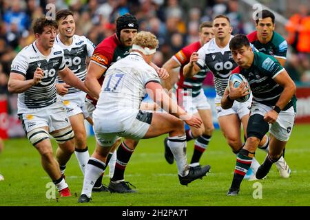 23 ottobre 2021; Mattioli Woods Welford Road Stadium, Leicester, Inghilterra; Gallagher Premiership Rugby, Leicester Tigers Versus sale Sharks; Dan Kelly di Leicester Tigers fa una pausa Foto Stock