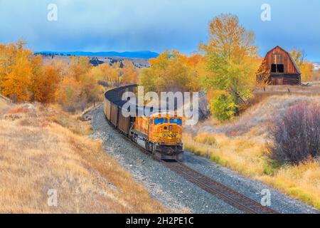 treno che passa da un vecchio fienile in autunno a jens, montana Foto Stock