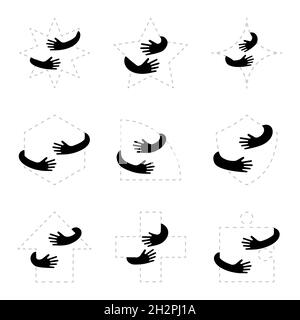 Mani umane che tengono o abbracciano diverse figure geometriche illustrazione piatta vettoriale. Emblema creativo con braccia di colore nero. Modello con logo. Stelle punteggiate, puzzle, frecce, segnali scudo. Illustrazione Vettoriale