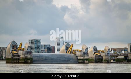 Thames Barrier, River Thames, Londra, Regno Unito Foto Stock