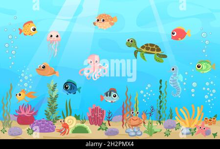 Fondo di serbatoio con pesce. Acqua blu. Mare oceano. Paesaggio subacqueo con animali, piante, alghe e coralli. Illustrazione stile cartoon. Vettore Illustrazione Vettoriale