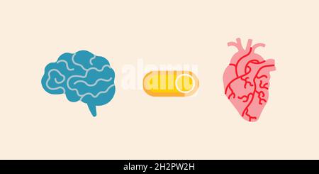 Passare dal cervello al cuore. Spegni la mente, accendi i sensi. Ascoltate il vostro cuore. Illustrazione carina vettoriale. Illustrazione Vettoriale
