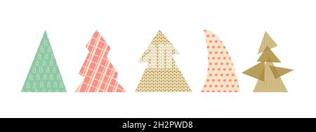 Set di alberi decorativi di Natale di varie forme e texture. Elementi carini per il design di Capodanno. Vettore eps 10 Illustrazione Vettoriale