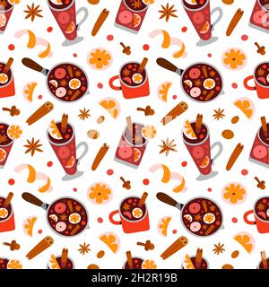 Modello a spago, VIN brulé con condimento e spezie, cannella e chiodi di garofano, bevanda alcolica di vino rosso festivo, modello senza giunture, vettore di doodle Illustrazione Vettoriale